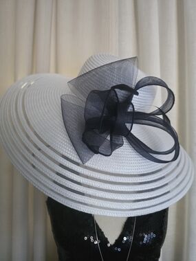 Wide Brim White Ladies Hat with Black Mesh Bow